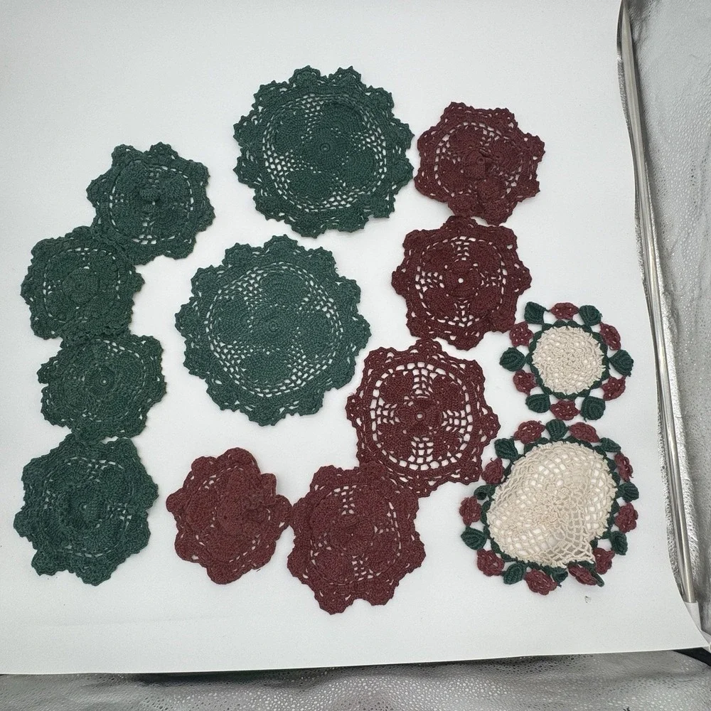 Vintage Crochet Doilies Lot 13 Green Burgundy‎ Cotton Holiday Cottagecore